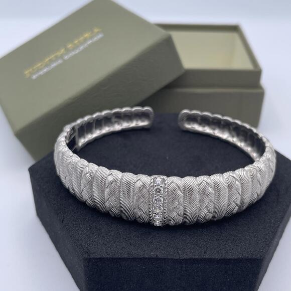 Judith Ripka Sterling Silver Braided Cuff Bracelet CZ Center 6.5” Vintage QVC - Picture 2 of 12